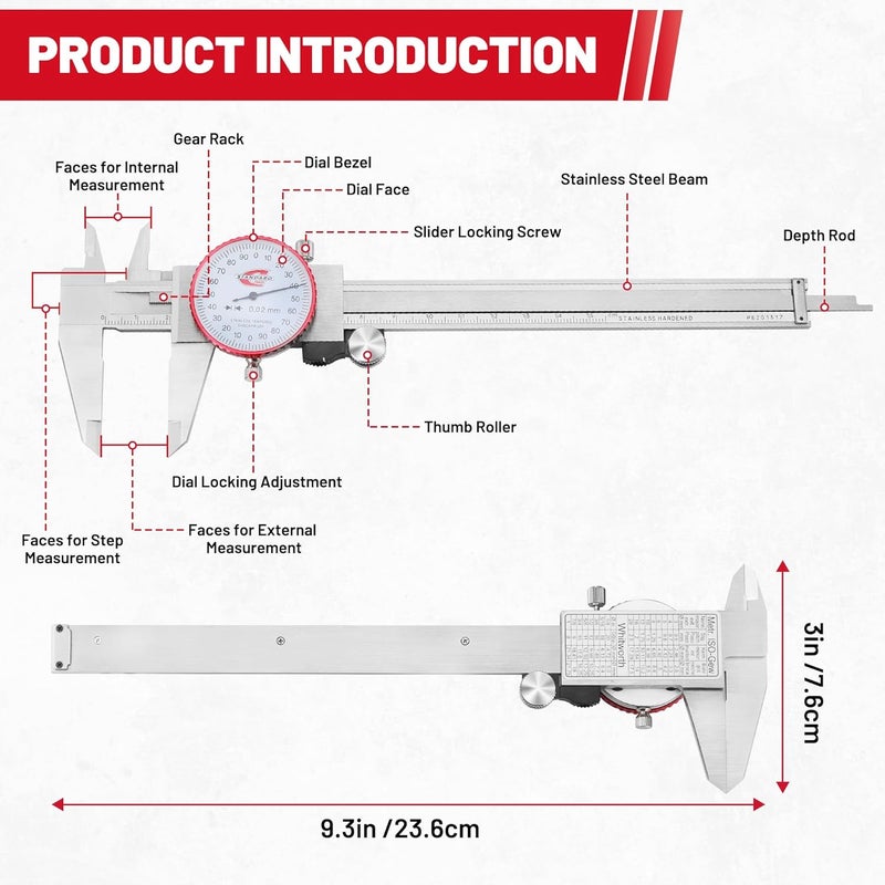Standard Gage Metric Dial Caliper Measuring Tool 0-150mm Range, Analog Precision Caliper ±0.02mm Accuracy, Manual Mechanical Metal Stainless Steel Measuring Dial with 4-Way Measurements - Image 2